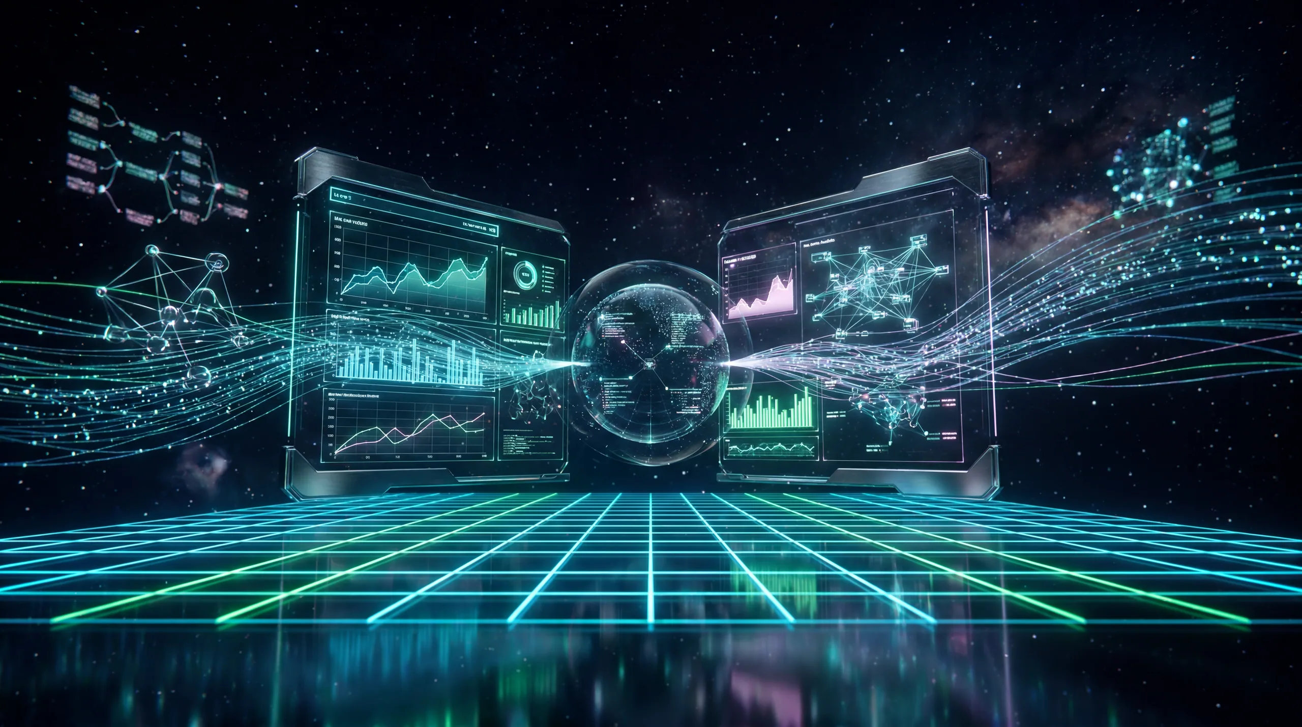 Futuristic data command center: holographic dashboards and data streams